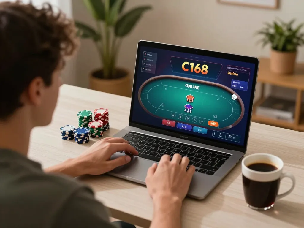 C168 online poker gaming session showing player engaged with strategic gameplay.