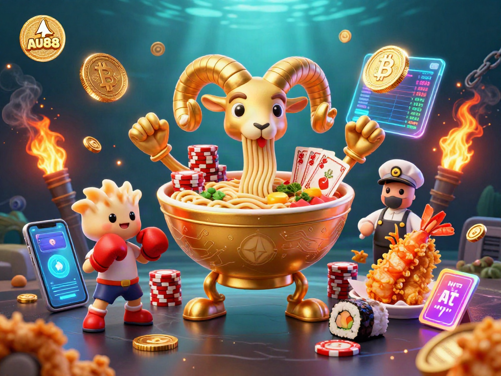AU88's thrilling 3D casino scene with a giant ramen bowl dealing cards amongst vibrant crypto elements.