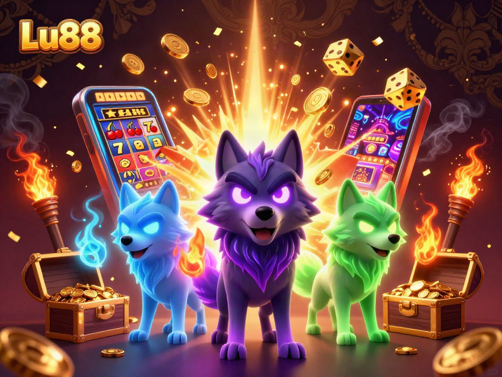 Lu88's captivating logo art with a wild wolf pack leading a dynamic casino scene.
