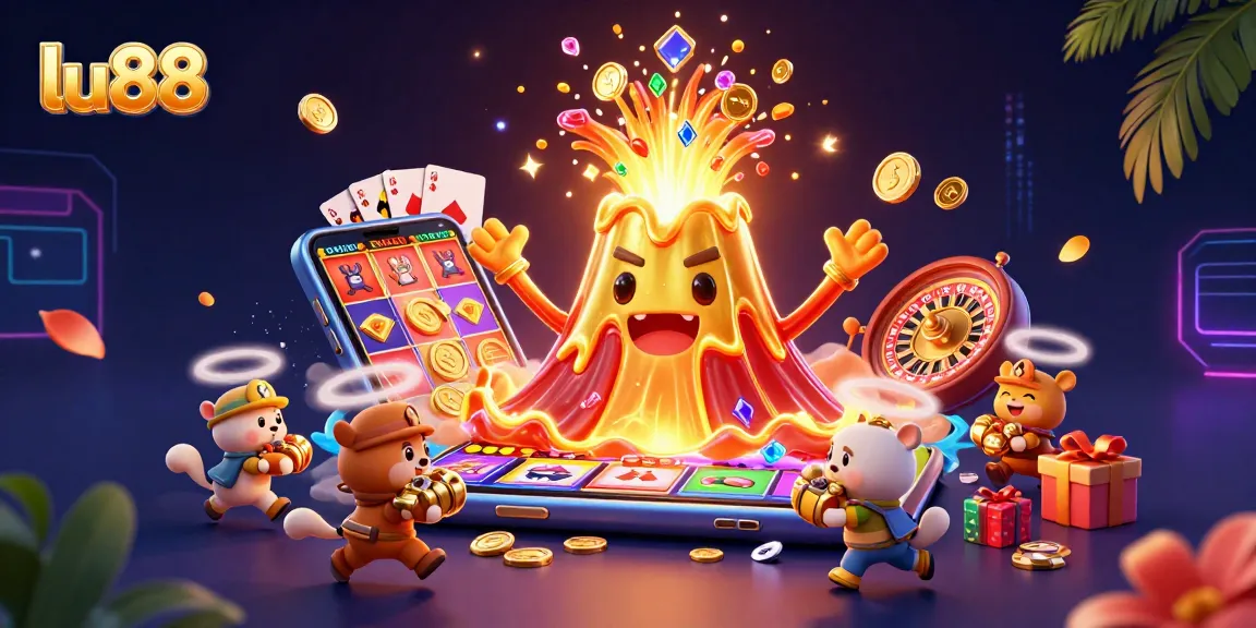 Experience thrilling wins at lu88 with a whimsical volcano erupting treasure and vibrant casino games!
