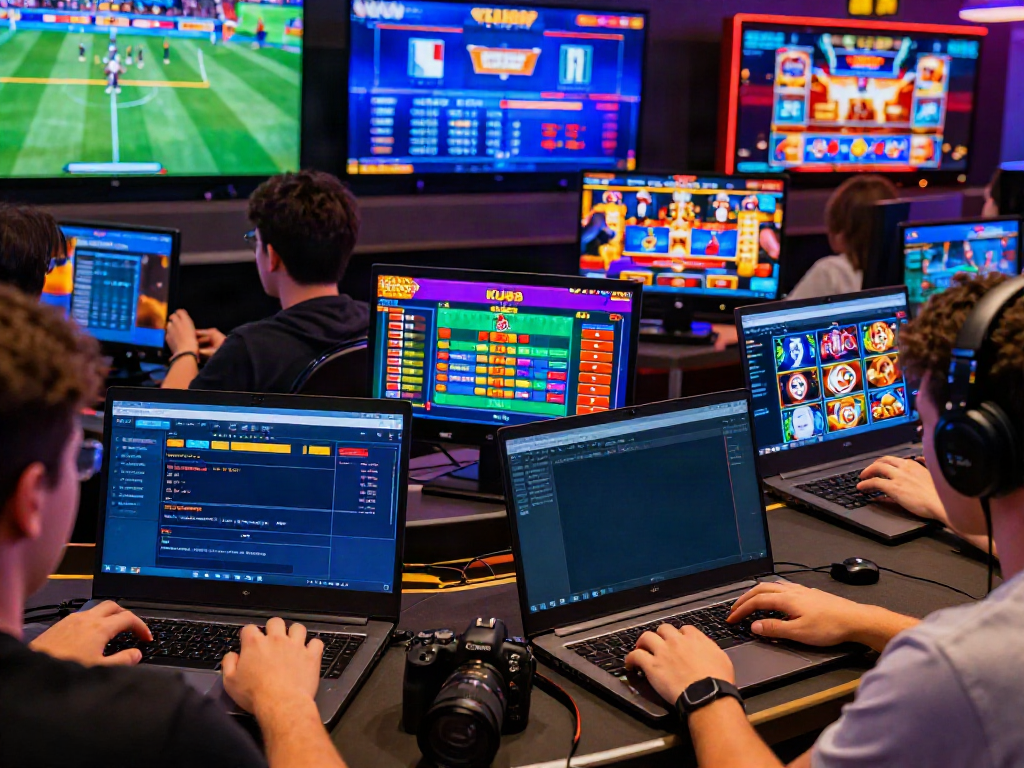 Dynamic online gaming scene featuring enthusiasts exploring games at https://ku88v1.com/ with colorful graphics and multiple devices.