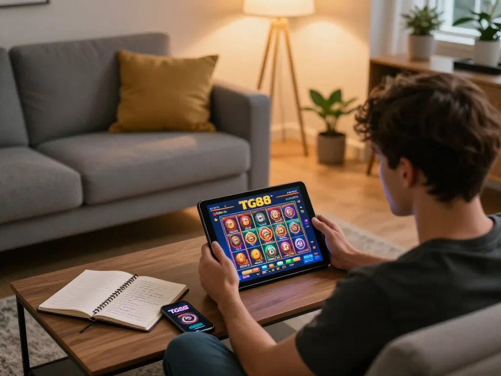 TG88 player enjoying online casino gaming on a tablet, creating a cozy atmosphere at home.