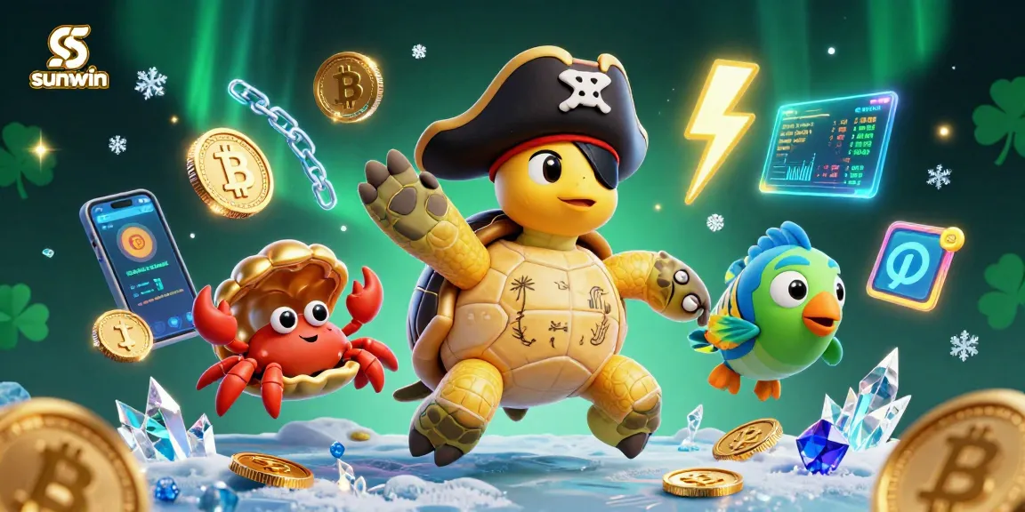 Engage with the sunwin gaming adventure featuring a cartoon pirate turtle amid crypto treasures.