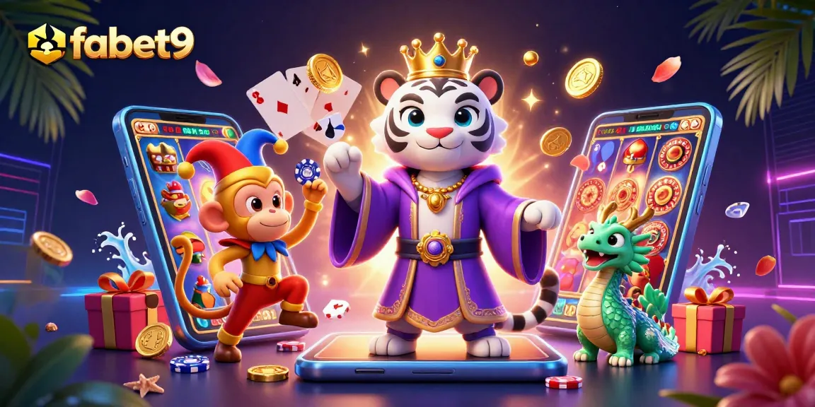 Experience the vibrant fun of fabet9 in a dynamic casino scene with playful characters.