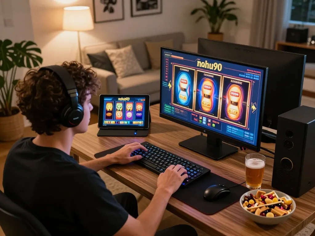 Nohu90 player engaged in slot game action at home, showcasing exciting online gaming experience.