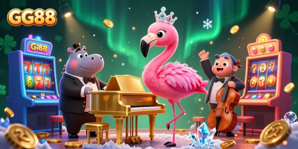 Engage in the GG88 casino scene featuring a flamingo performer and hippo bassist amidst lively slot machines.