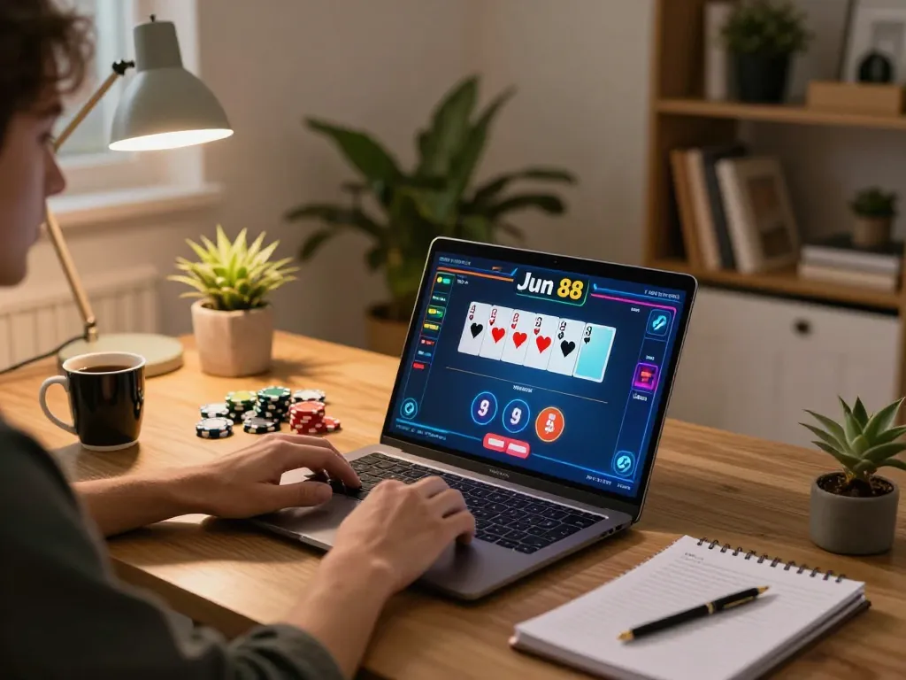 Engaging in an online poker session with Jun 88 in a cozy home setup, showcasing strategy and comfort