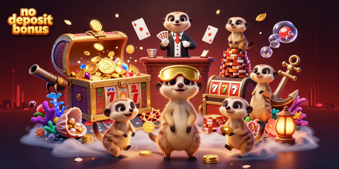No deposit bonus scene with meerkats as casino operators engaging players with lively gaming atmosphere and colorful elements.