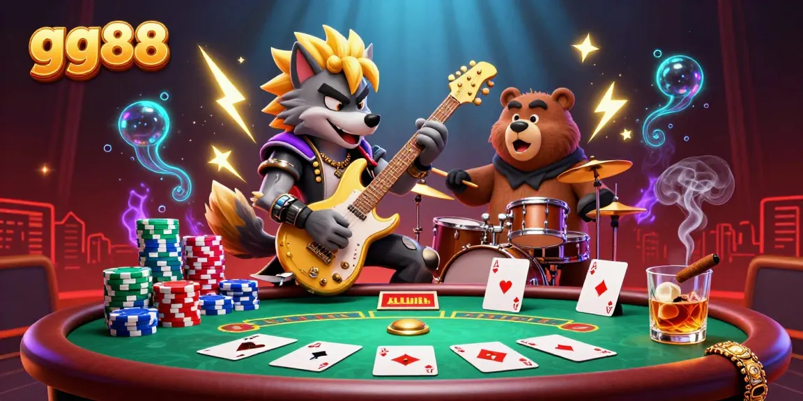 Experience thrilling play with gg88 at a vibrant casino, featuring a rock star wolf and dynamic poker scene.