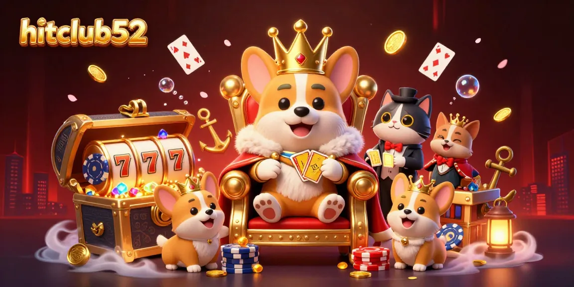 Experience the thrill at hitclub52 with a royal corgi throne, slots, and golden treasures.