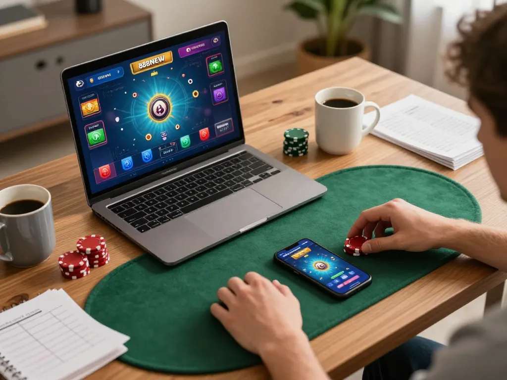 Engaged player betting online at 888NEW poker game with strategy notes nearby.