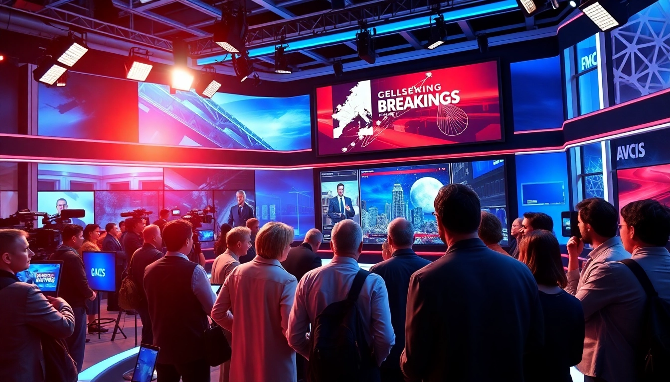 Journalists reporting breaking news in a vibrant, energetic newsroom environment.