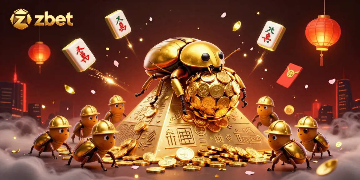 Experience thrilling action with zbet as a golden beetle rolls coins in a vibrant casino scene.