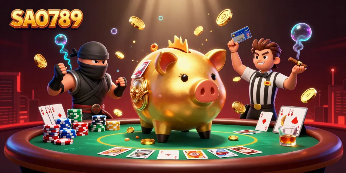 SAO789 captivates players with an illustrated showdown featuring a golden piggy bank sumo wrestler and dynamic poker elements.
