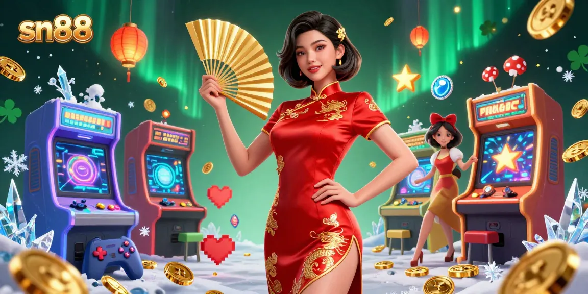 Experience thrilling entertainment at sn88 with a vibrant Asian woman in a casino-themed digital illustration.
