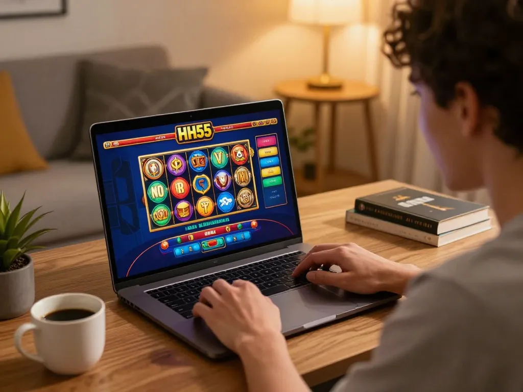 Jogador usando laptop para jogos de cassino online HH55, demonstrando empolgação e estratégia em um ambiente aconchegante em casa.