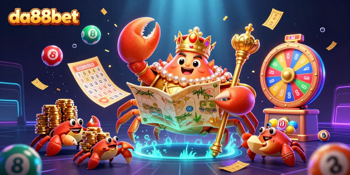 Experience thrilling gameplay at da88bet with a vibrant scene of a golden crab emperor and colorful lottery elements.