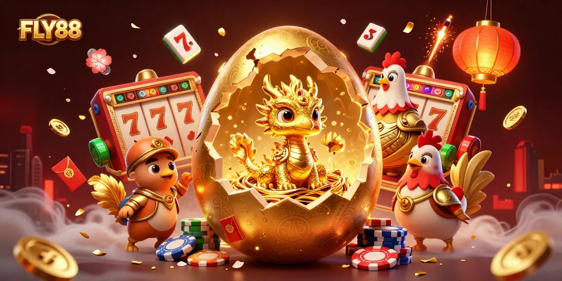 Experience the thrill of winning at FLY88 with a vibrant illustration of exciting game elements and a golden dragon.