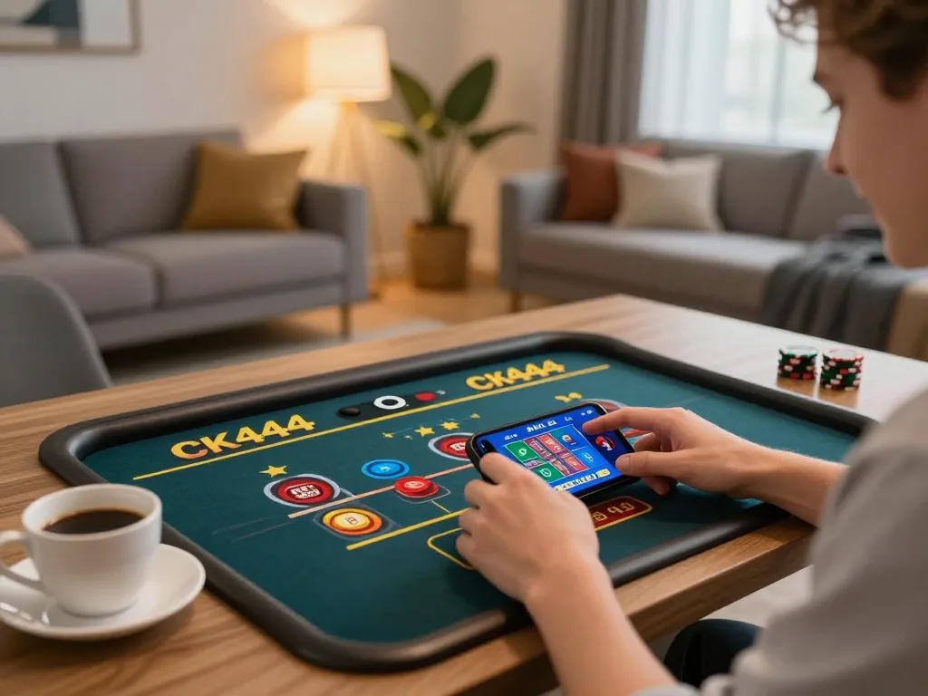 Playing CK444 on a smartphone in a cozy home setting with vibrant gaming visuals.