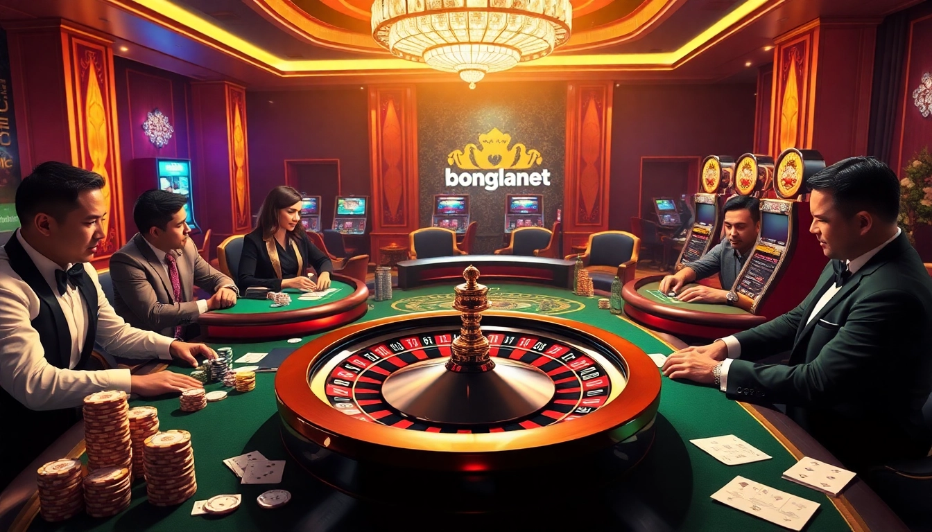 Bongdanet gaming scene with high-stakes poker, luxurious casino tables, and exciting roulette.