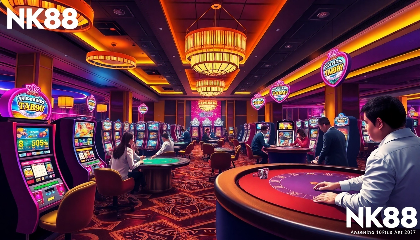 NK88 casino scene with players at tables and vibrant slot machines.