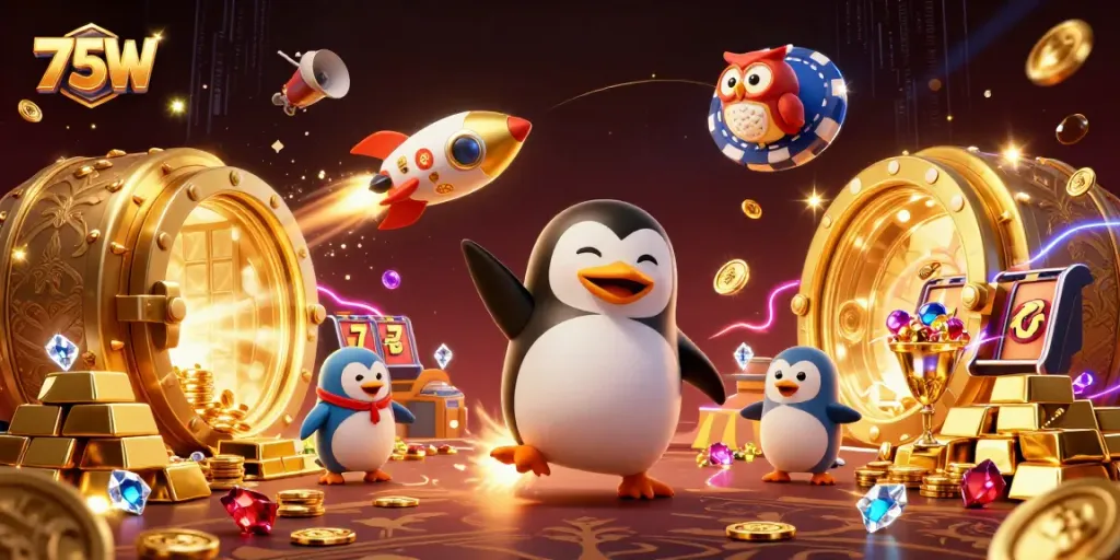Engaging scene of 75W penguin navigating space with casino-themed treasures and dynamic elements.