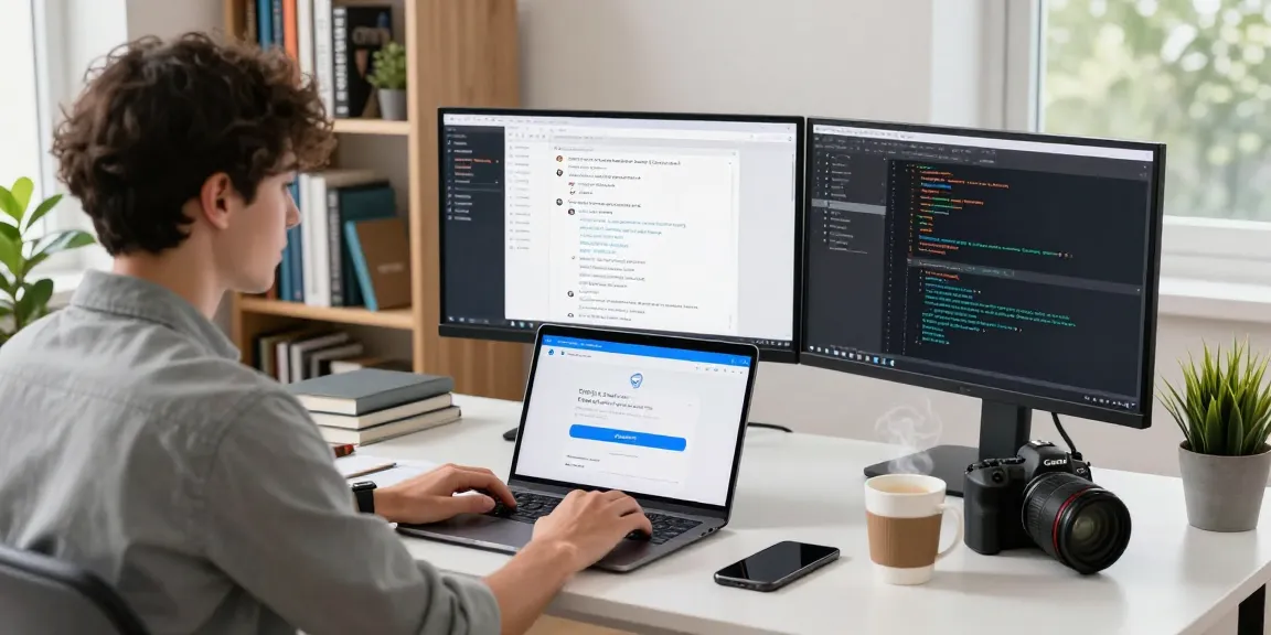 Engaging workspace with a young professional focused on Telegram download, showcasing tech-savvy environment.