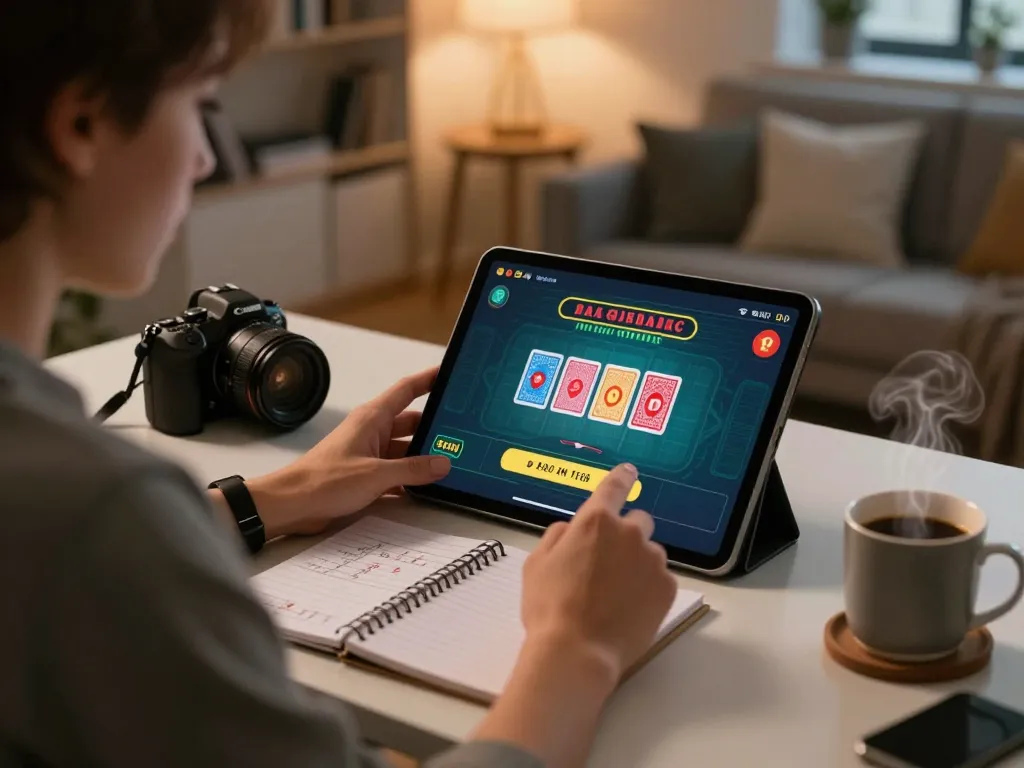 Person playing baccarat online at home with tablet, showcasing strategic gameplay at 45678.