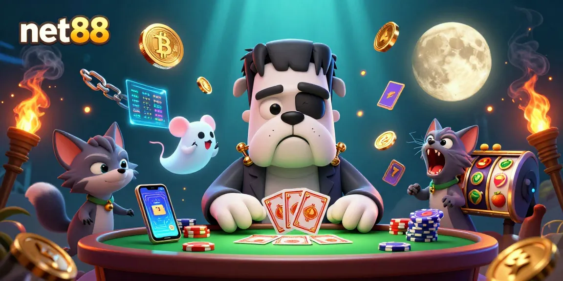 Engaging net88 casino scene featuring a Frankenstein bulldog and werewolf kitten amidst vibrant slot machine symbols.