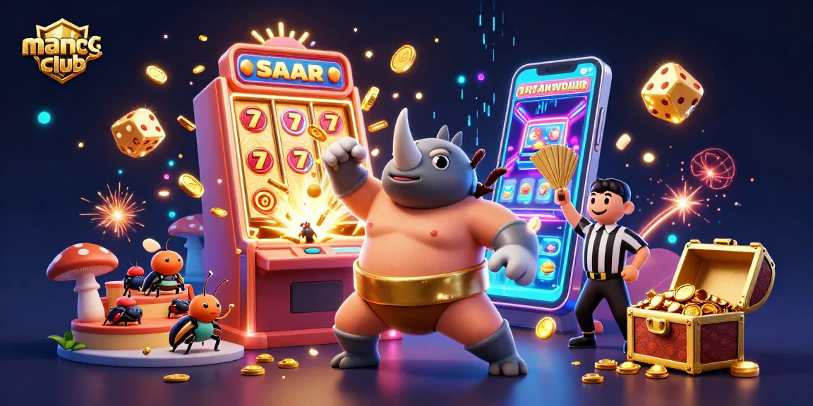 Engage in thrilling gameplay at manclub with a dynamic scene of a sumo beetle champion amidst casino elements.
