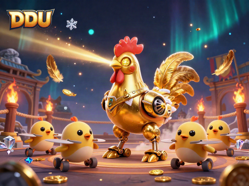 Engage with DDUU's vibrant gaming universe featuring an animated golden rooster robot and interactive elements.