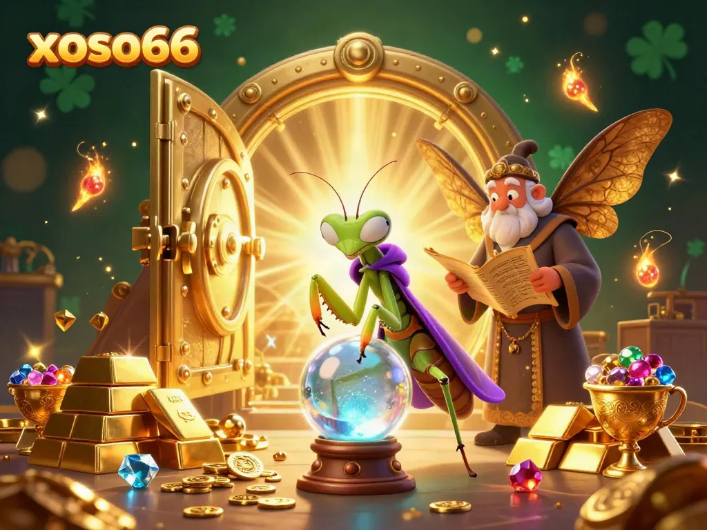 Experience xoso66 with vibrant casino elements and mystical characters in a rich 3D illustration.