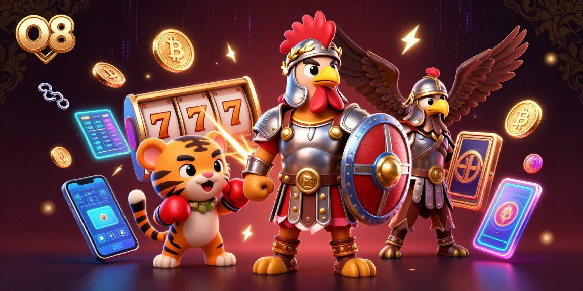 Engage with O8's vibrant online casino featuring a gladiator rooster and tiger cub amidst exciting slot elements.
