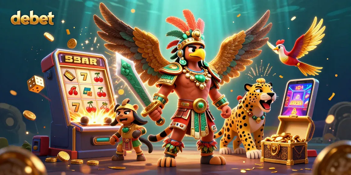 Experience thrilling gaming at debet with an Aztec warrior amidst casino symbols and jackpots.