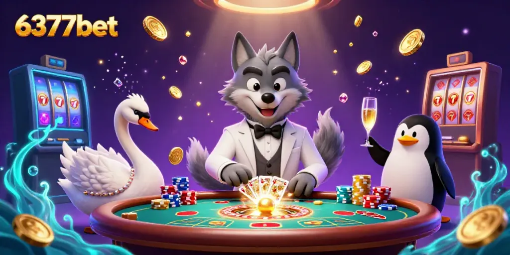 Experience thrilling action and fun at 6377bet, with iconic characters enjoying casino games.