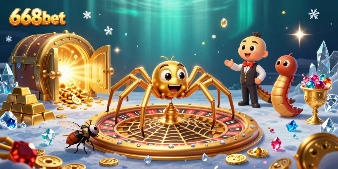 Experience thrilling bets at 668bet with a golden spider spinning a roulette web in a vibrant casino.
