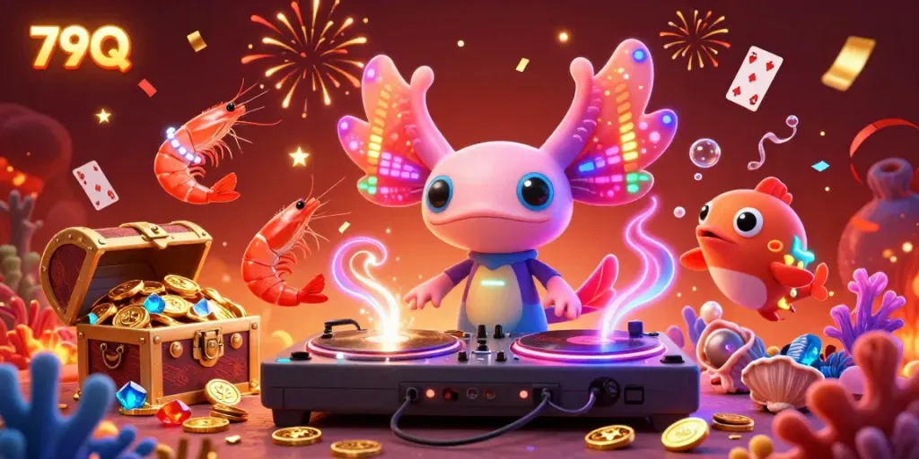 Experience the thrill of gaming with 79Q's vibrant underwater casino scene, featuring a DJ axolotl and treasure elements.