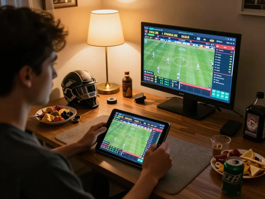 Kèo nhà cái hôm nay being analyzed on a tablet, showcasing live sports betting odds in a comfortable home setting.