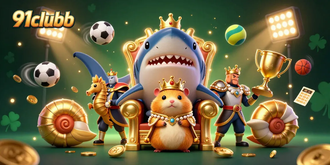Engage with 91clubb through a vibrant 3D illustration featuring a golden hamster king and dynamic gaming elements.