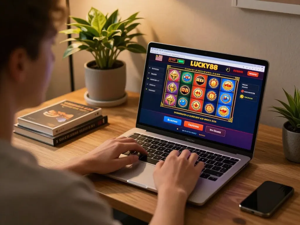 Engaged player at home experiencing LUCKY88's online casino with vibrant slots and live dealer games.