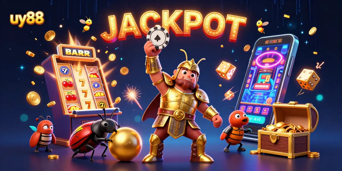 Win big with uy88 in a vibrant 3D casino scene featuring colorful jackpots and lively characters.