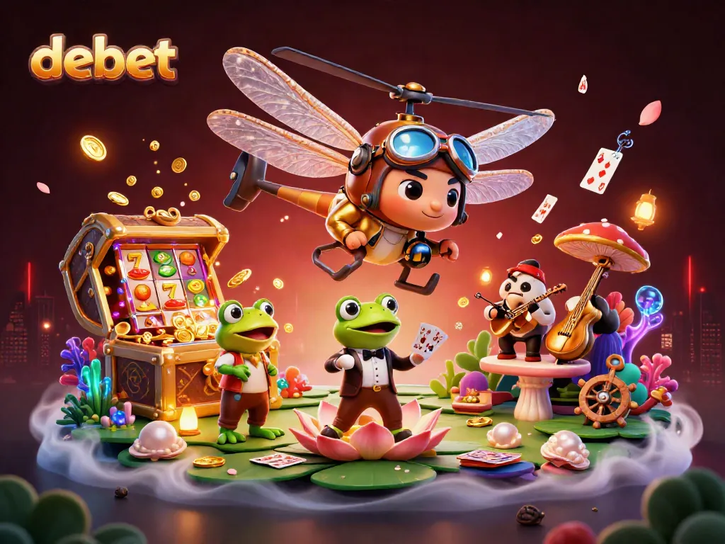 Engage in thrilling casino action at debet with a vibrant 3D casino illustration showcasing unique characters and games.