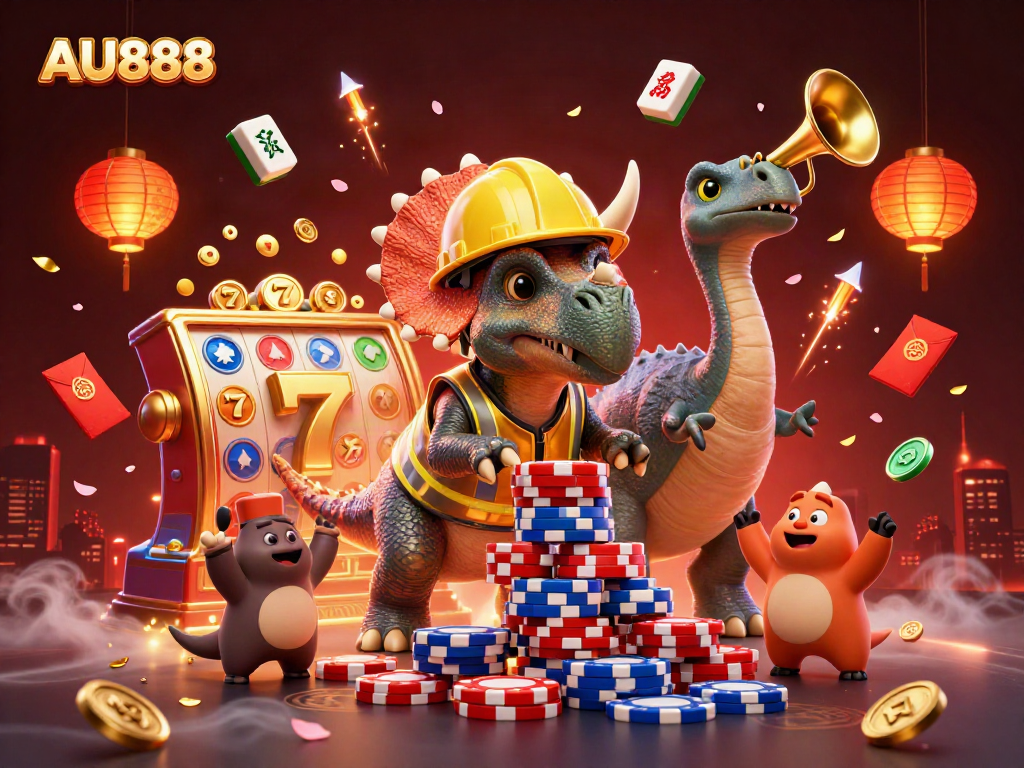 Celebrate big wins with AU888 as triceratops builds poker chip pyramid at a vibrant casino