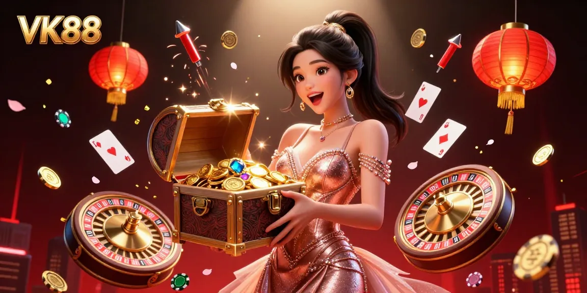 Join the thrill of VK88 casino, experiencing joy with treasures and celebratory elements.