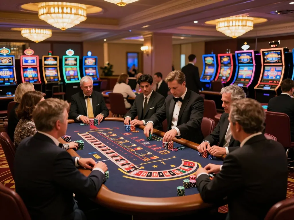 The excitement of players engaging in strategic gameplay at 27G's upscale casino, featuring roulette and blackjack tables.
