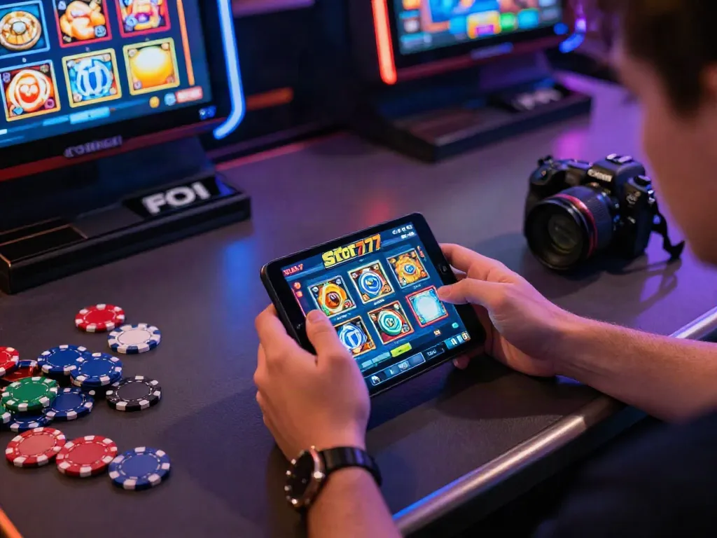 Jogador utilizando o Slot777 em um ambiente de cassino online vibrante e envolvente.