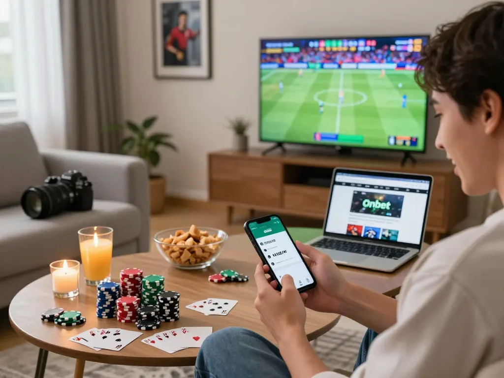 Engaging experience with Onbet app in a cozy home setting, surrounded by gaming props.