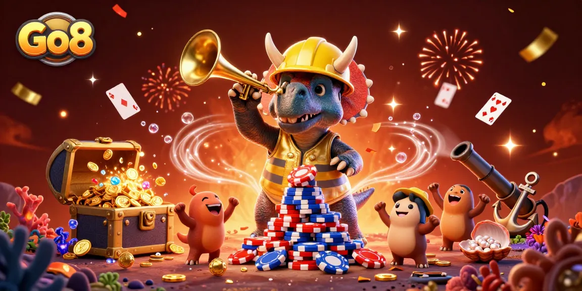 Go8 gaming adventure with a triceratops building poker chips amidst a dynamic casino scene.