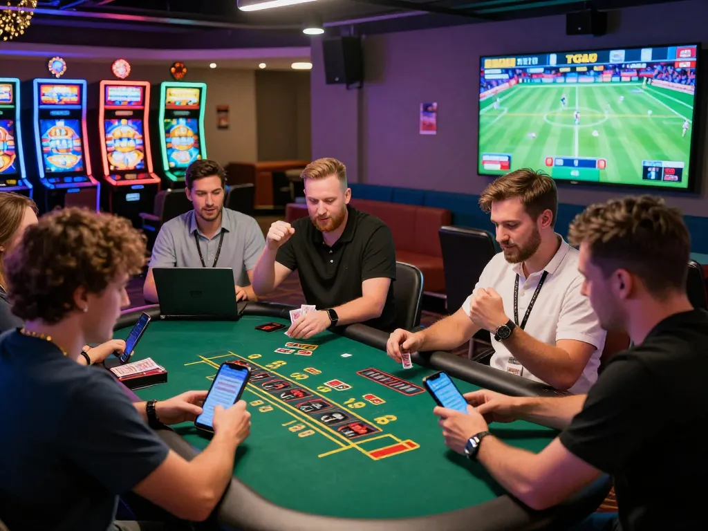 Exciting TG88 online gambling scene with diverse players at casino tables and slot machines, reflecting a vibrant gaming atmosphere.