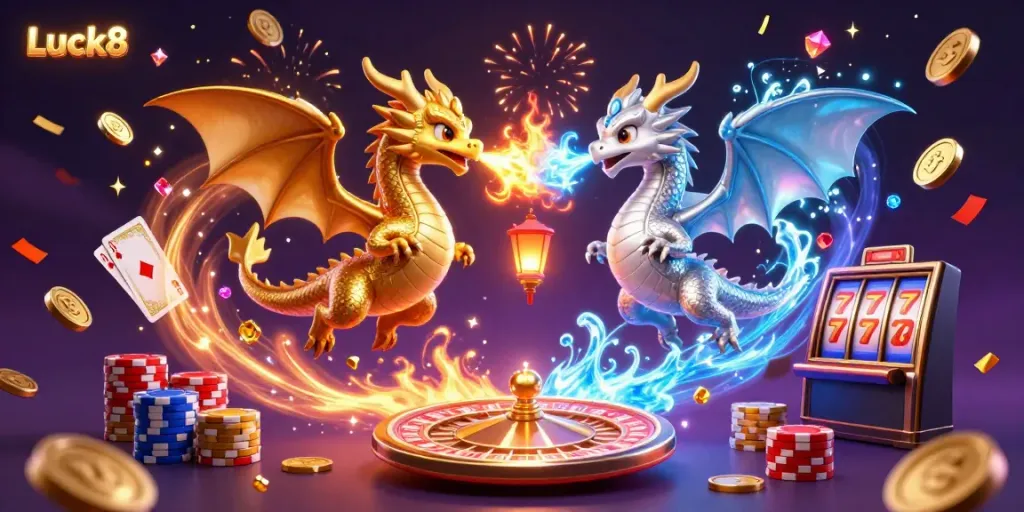 Engage with Luck8’s vibrant casino experience featuring twin dragons and dynamic game elements.